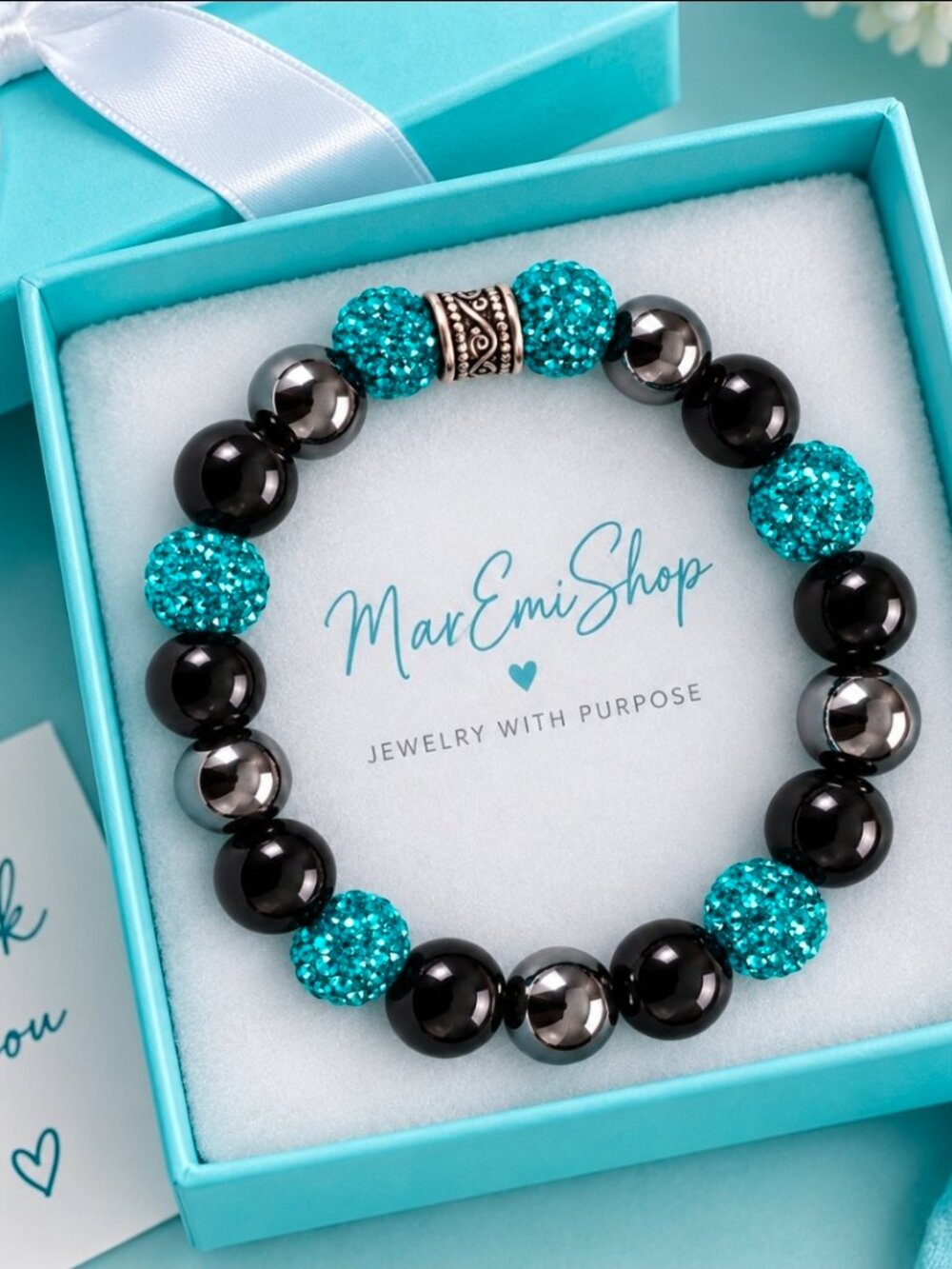 Turquoise Sparkle & Black Onyx Beaded Bracelet/Strectch Bracelet/Glam Jewelry